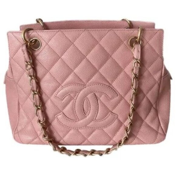 Authentic CHANEL Caviar Petite Timeless Shopper Tote Quilted Shoulder Bag Pink